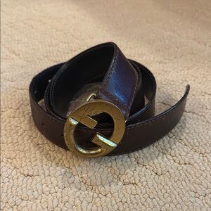 Men's Brown Leather Gucci Belt with Gold Buckle